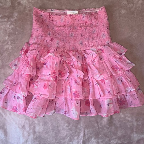 LoveShackFancy Dresses & Skirts - LoveShackFancy Pink Floral Ruffle Mini Skirt Smocked Waist Tiered Boho Womens S